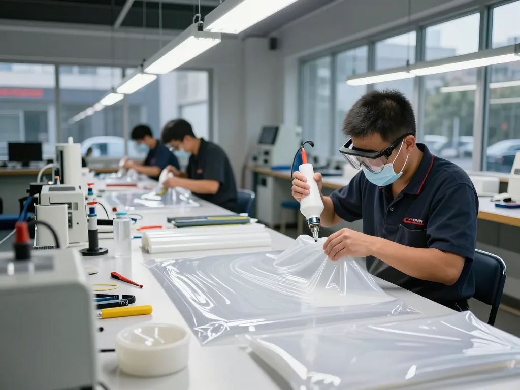 Bóc lớp ép plastic hà nội application in a modern workshop, showcasing skilled technician and vibrant surfaces.