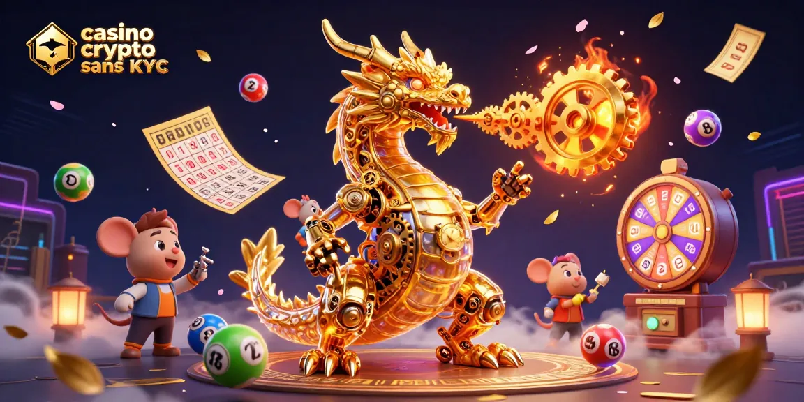 Illustration dynamique représentant le casino crypto sans KYC 2026 avec un dragon doré et des éléments de hasard.