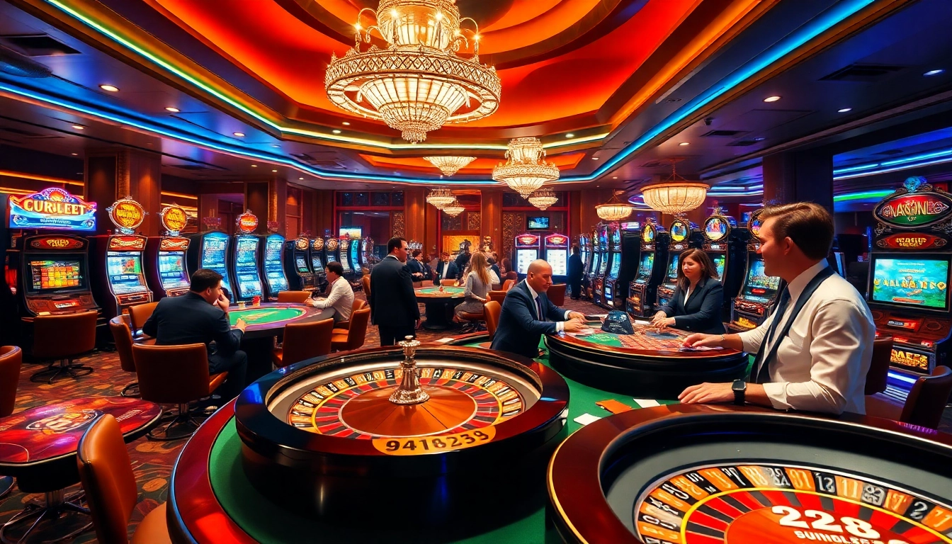 LUCK8 enticing casino scene with poker tables and slot machines, highlighting gaming excitement.