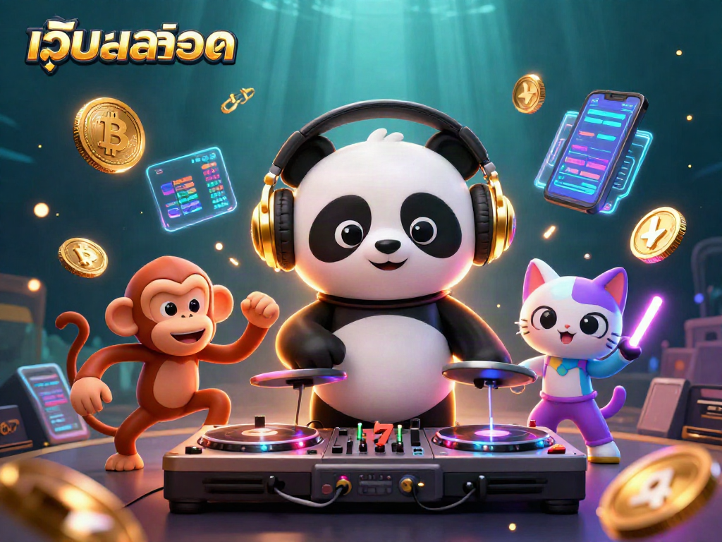 Engage with เว็บสล็อต action through vibrant 3D casino illustration featuring a DJ panda and glowing coins.
