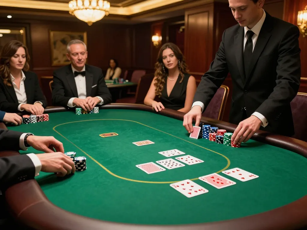 Pemain terlibat secara strategis di meja poker, menunjukkan chip dan kartu di kasino mewah.