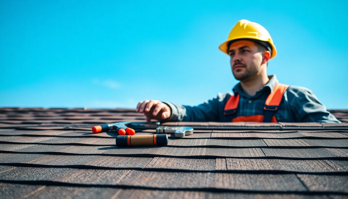 Expert performing roof repair on a sunny day, showcasing skilled craftsmanship and attention to detail.