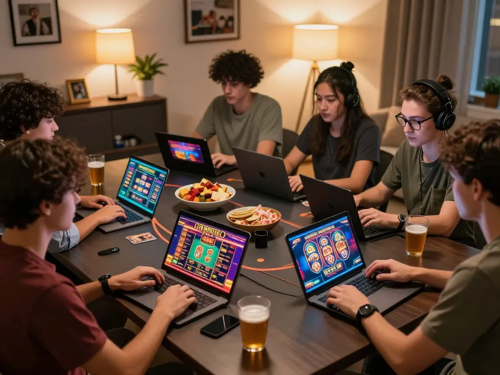 Engaging in online casinos Canada from home, friends playing games on laptops and tablets in a lively atmosphere.