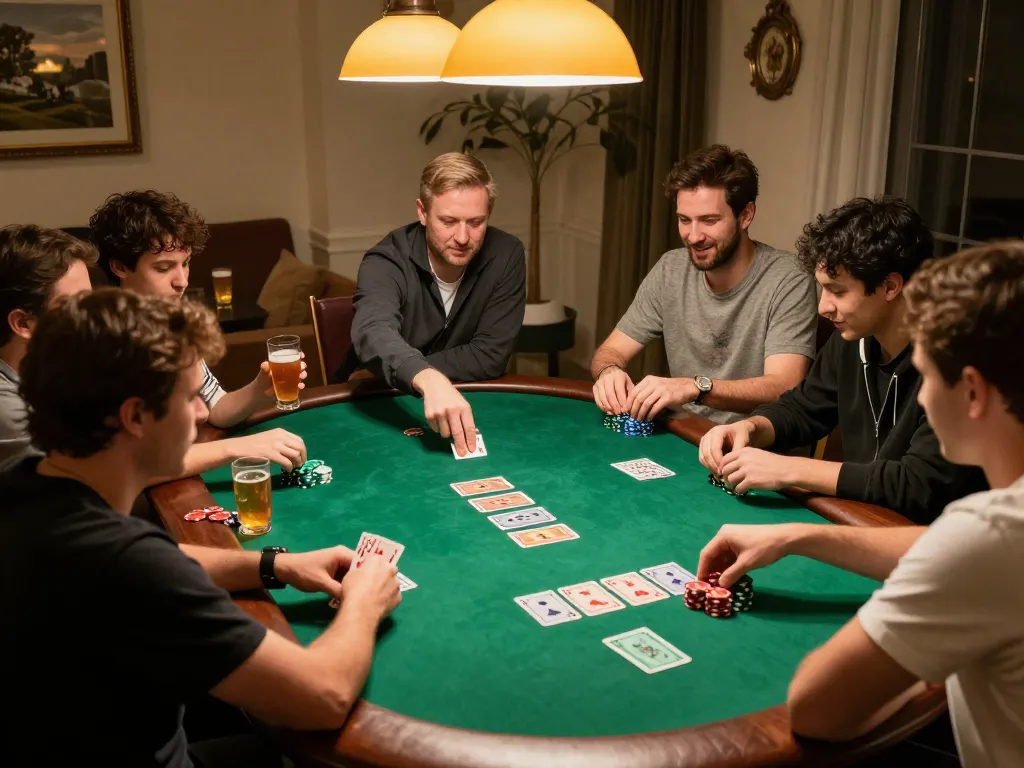 Players strategize and place bets in a friendly poker game, showcasing the excitement of gambling.