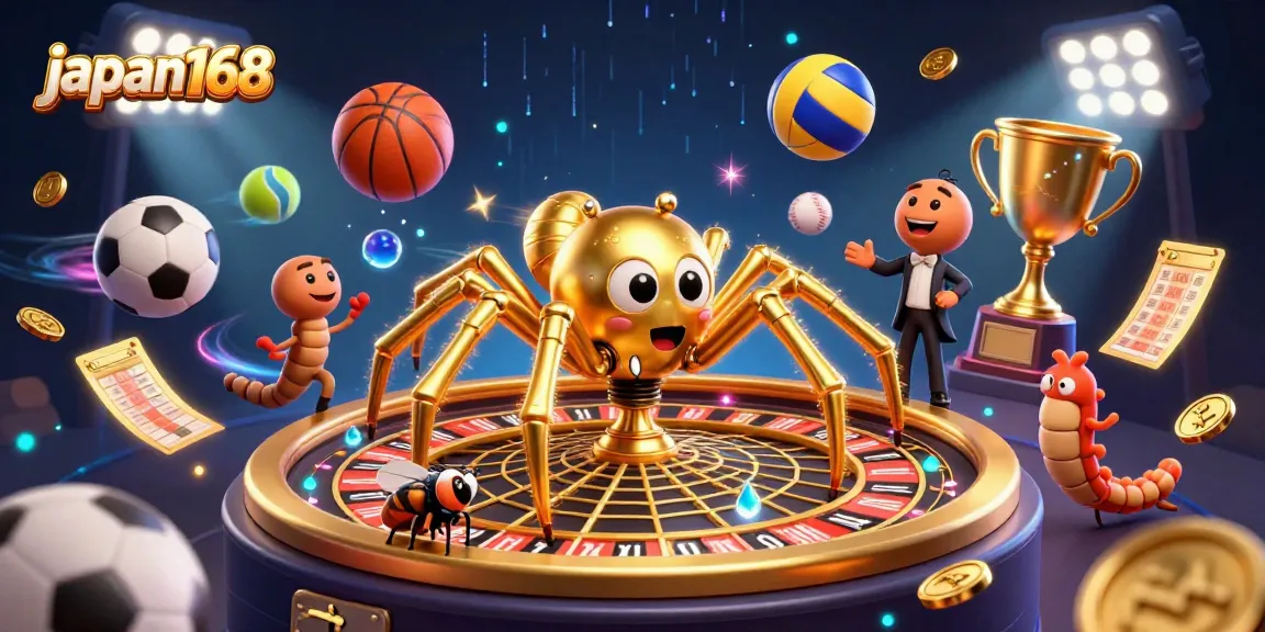 Experience the excitement of japan168 with a golden spider and croupier in a vibrant 3D gambling scene.
