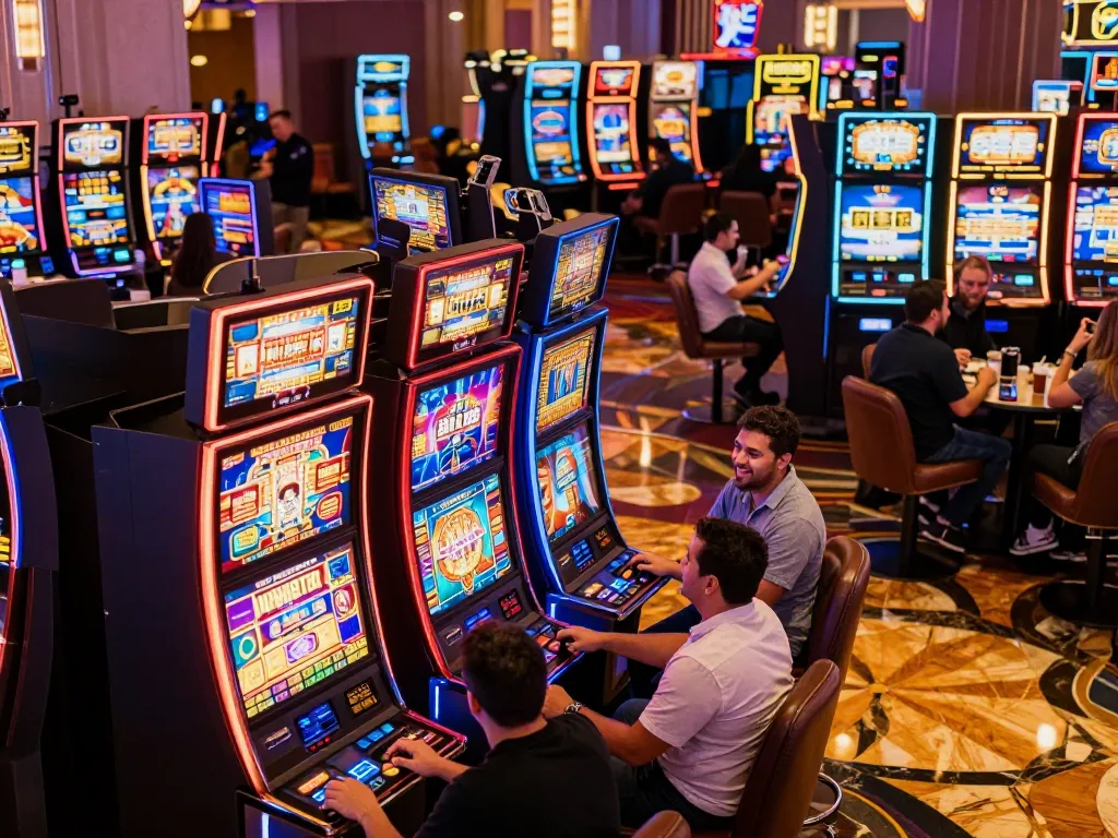Excited players enjoying the best widget store at vibrant slot machines in a lively casino