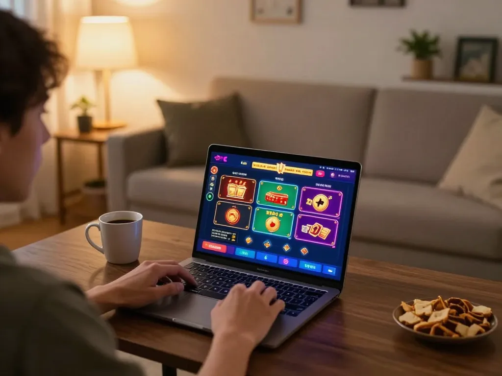 3Win player engaging with online casino on laptop, vibrant gameplay displayed