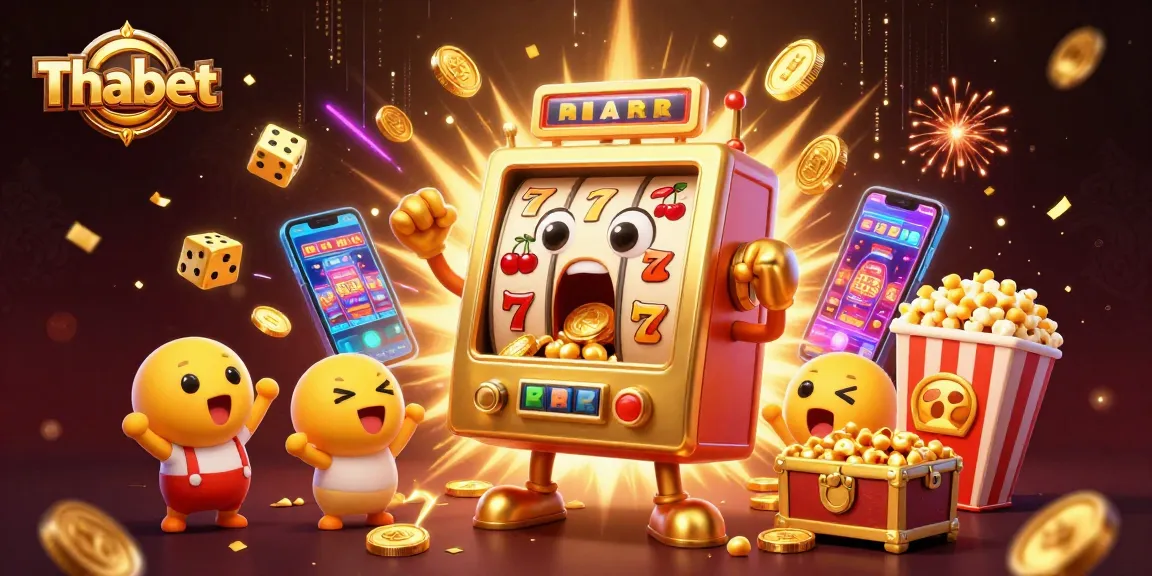 Thabet gold slot machine hits jackpot, coins burst forth, surrounded by cheering mini slots and a popcorn machine.