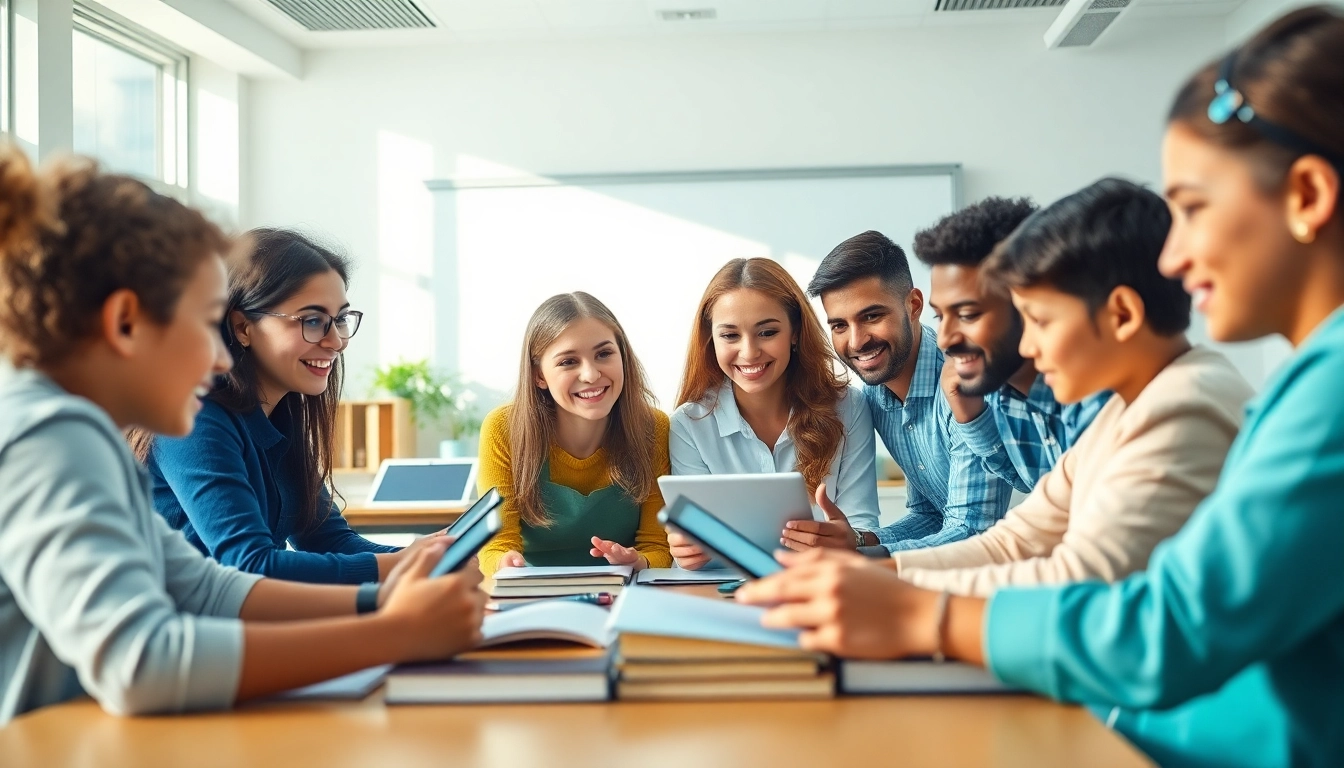 Education innovation scene with diverse learners using digital tools in a modern classroom.