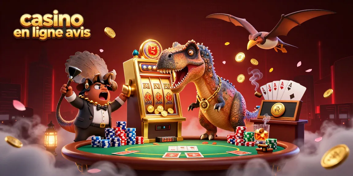 Découvrez le casino en ligne avis avec une illustration dynamique de dinosaures gagnant des jackpots et des jeux de poker.