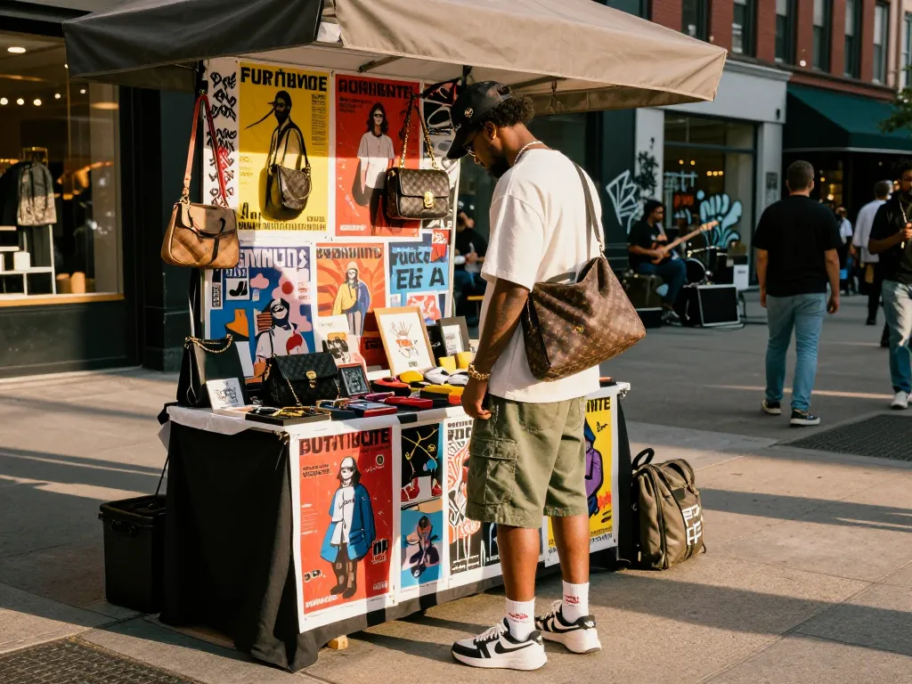 Stylish streetwear display of 레플리카 fashion accessories in urban setting.
