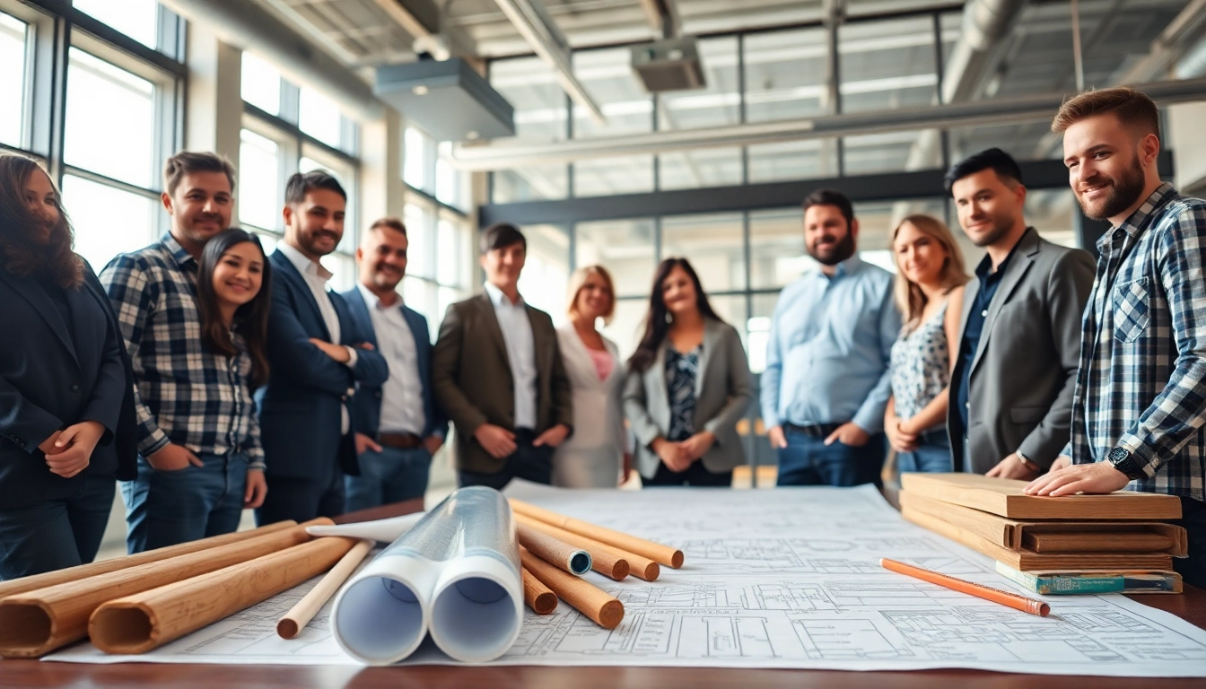 Members collaborating at a construction association meeting, focusing on blueprints and materials.