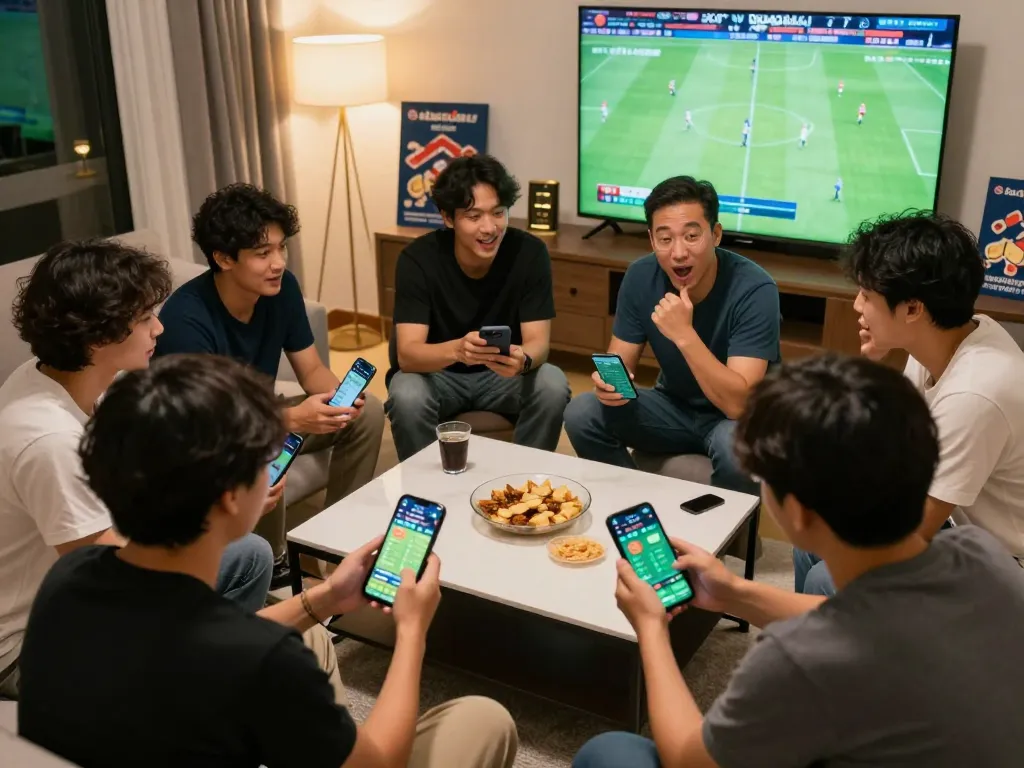 bóng đá lu betting excitement as friends analyze live football odds on their smartphones in a cozy living room.