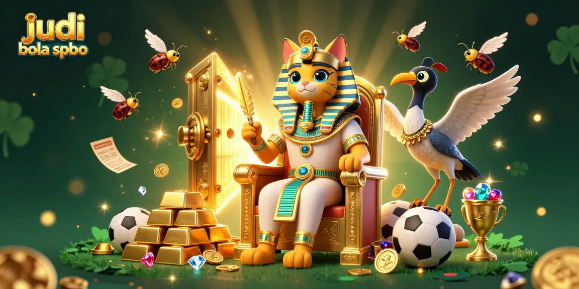 Engage in judi bola spbo with dynamic sports betting scene featuring a pharaoh cat and treasures.