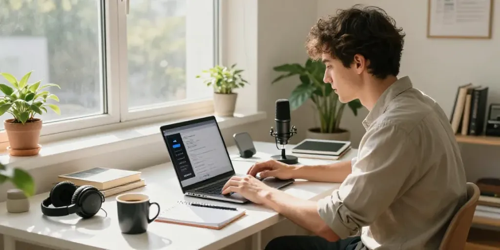 Content creator utilizing an AI speech to text converter for efficient transcription in a bright, organized workspace.