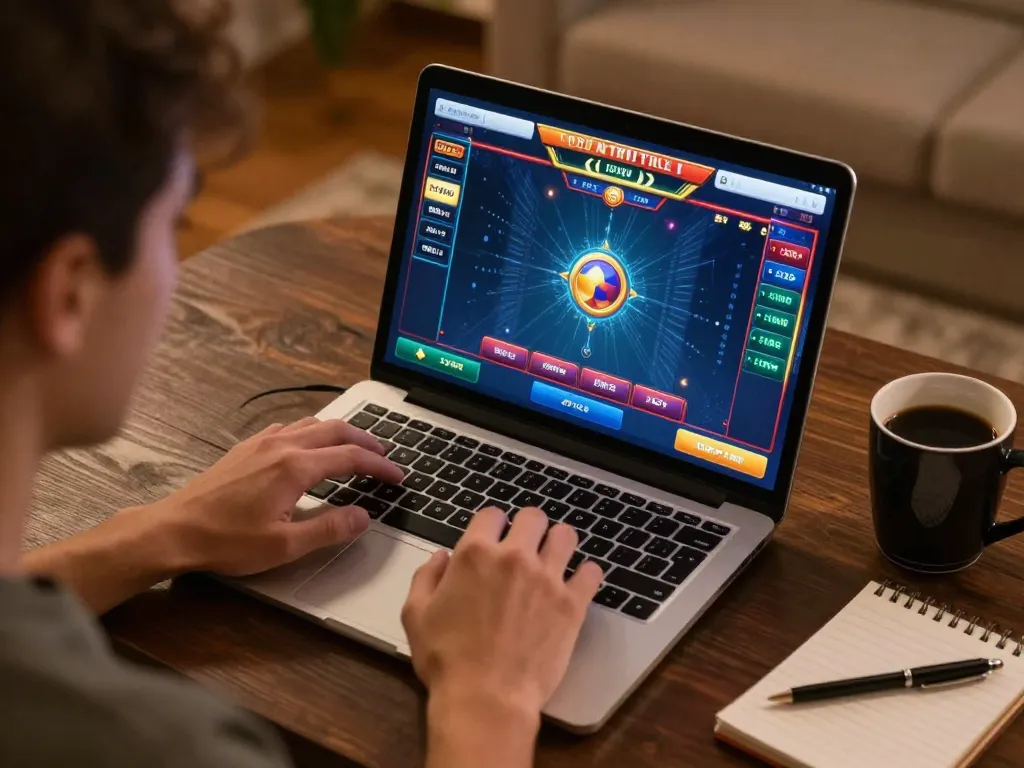 Engaging player using JPTOTO for online gaming with focused strategy in a cozy home setting.