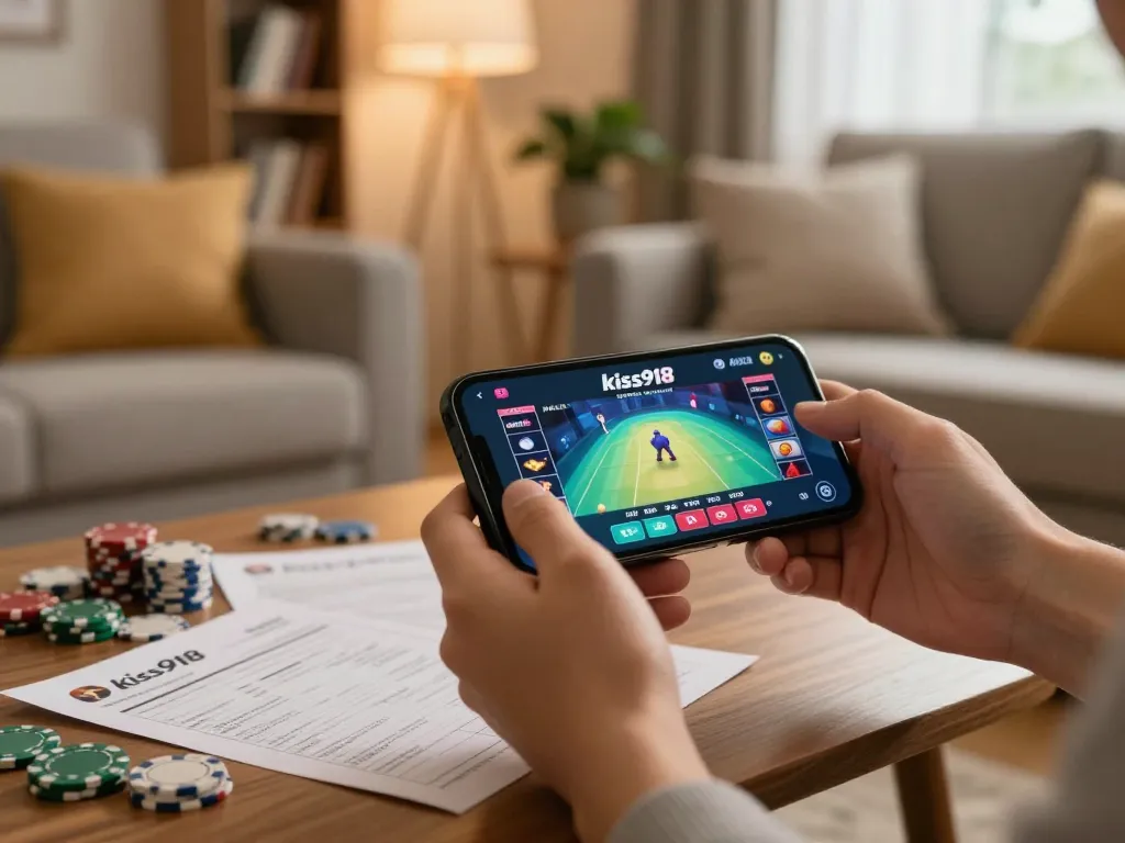 Engaging gameplay with kiss918 apk on smartphone in a cozy home setting
