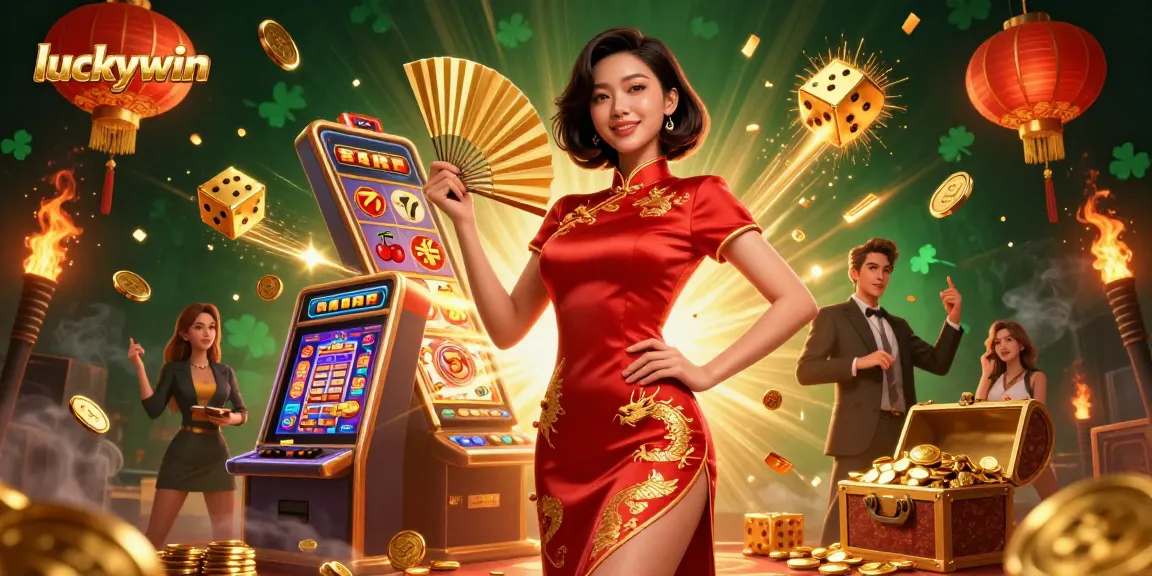 Engage in thrilling casino action with luckywin featuring a festive Asian woman amidst a jackpot celebration.