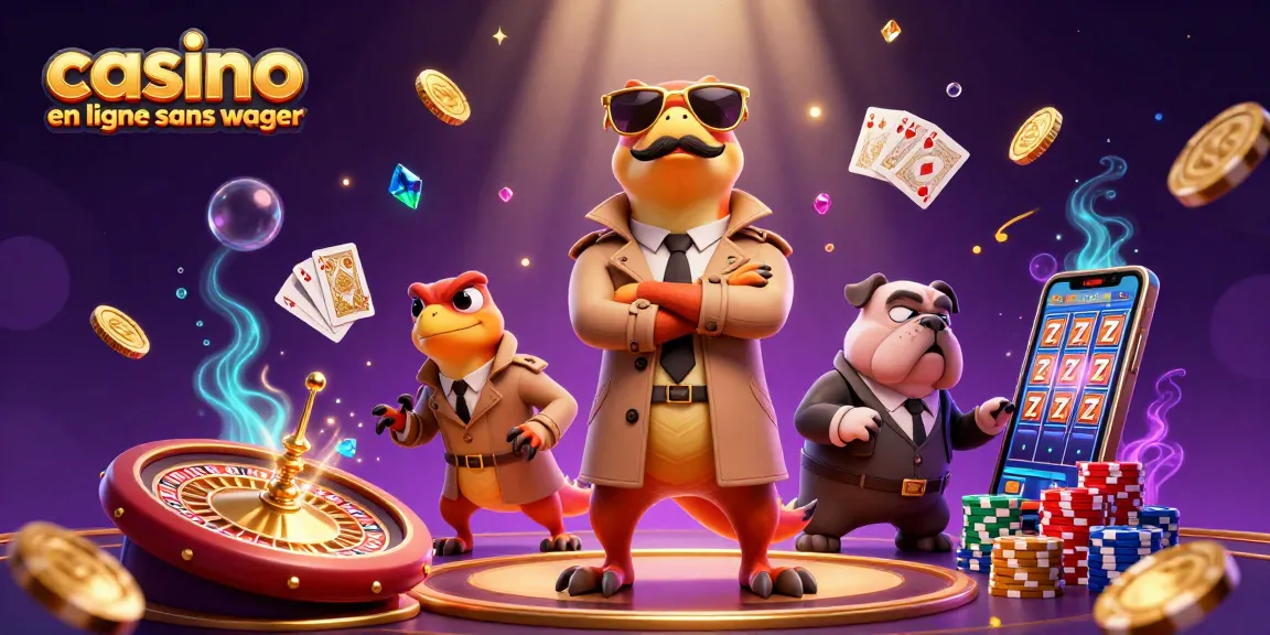 Illustration animée de trois raptors déguisés en entrée de casino, évoquant un casino en ligne sans wager.