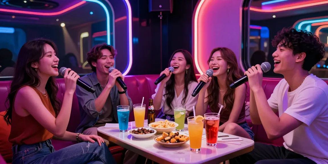 강남 가라오케에서 친구들과 함께 노래를 부르며 즐거운 시간을 보내는 모습