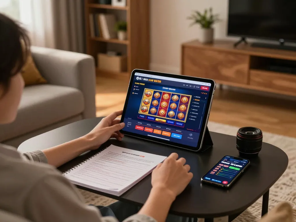 Player using Nhà cái Bet88 tablet for online gaming in a stylish home setup.