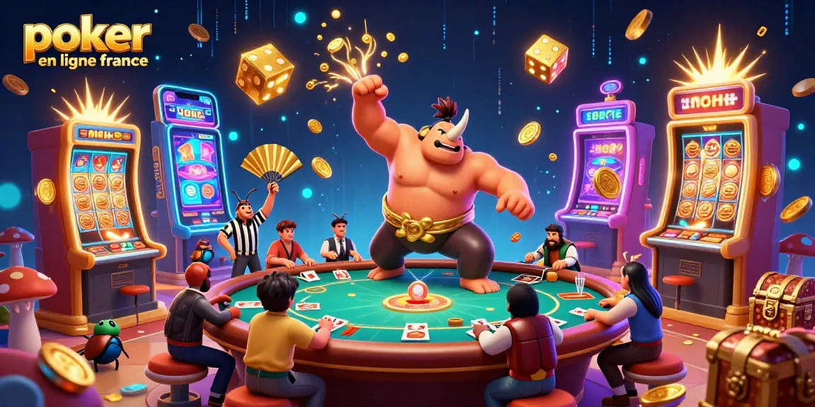 Vibrez avec le poker en ligne France : un intense affrontement autour d'une table avec des personnages colorés et des machines à sous aux jackpots explosifs.
