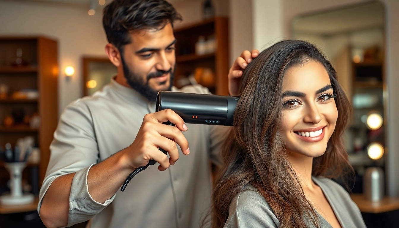 Professional stylist using a frizzy hair dryer to achieve a sleek hairstyle in a bright salon.