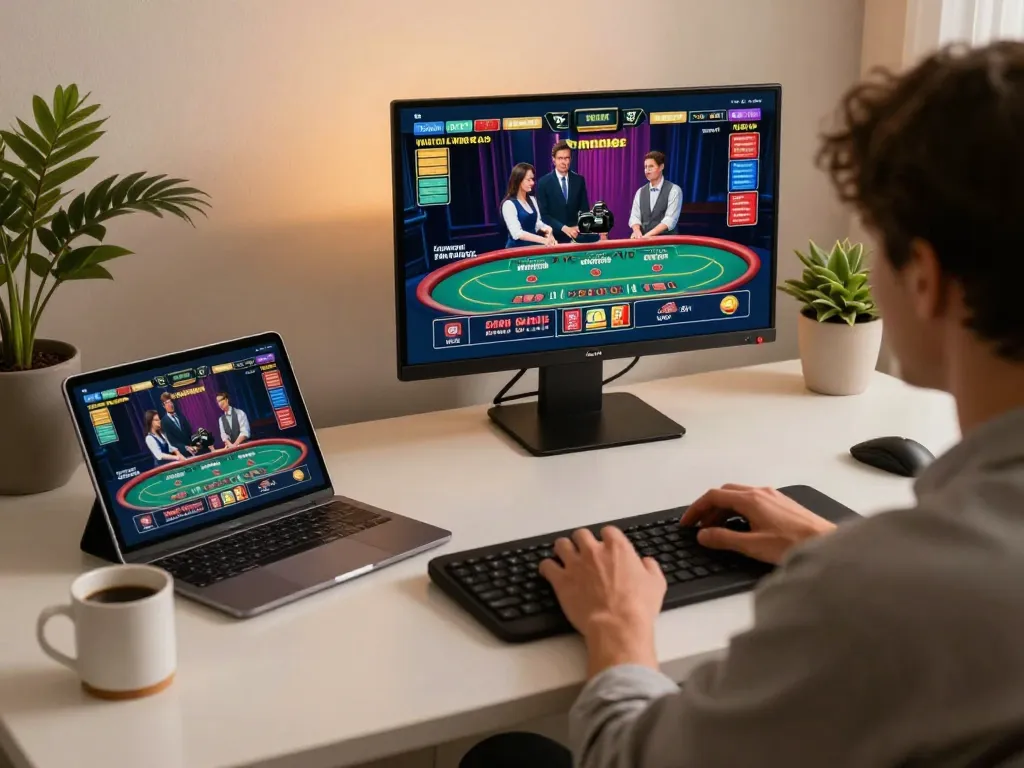 Engaging online gambling scene with strategic gameplay on mm88pc platform, showcasing a live dealer game on a laptop