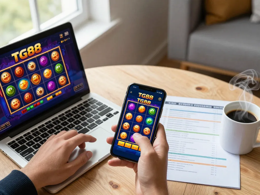 Engaging with the TG88 app for online slots in a cozy home setup.