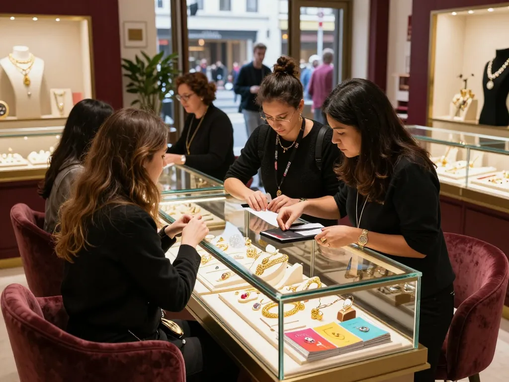 Customer examining elegant jewelry on front page of a vibrant jewelry store, displaying luxurious pieces.