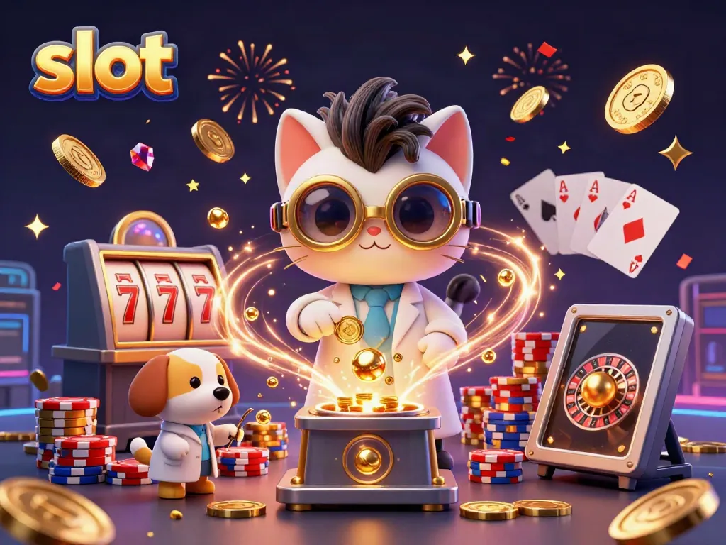 Menang di slot dengan mesin menggunakan koin emas dan kartu poker, menggambarkan suasana kasino yang meriah.