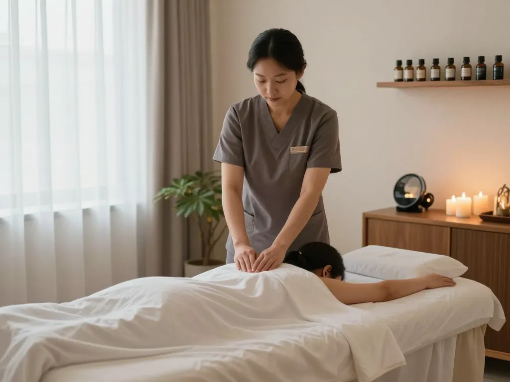 Relaxing 인계동마사지 therapy room with essential oils, calming ambiance, and therapist preparing.