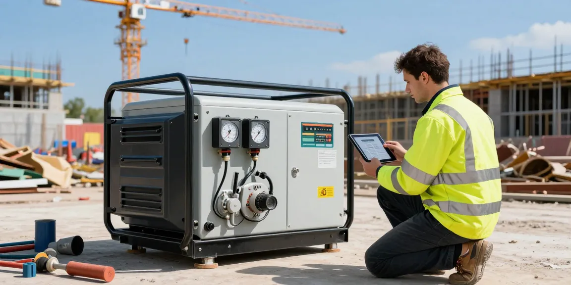 Gas generator powering construction site with technician inspecting performance metrics amidst tools and cranes.