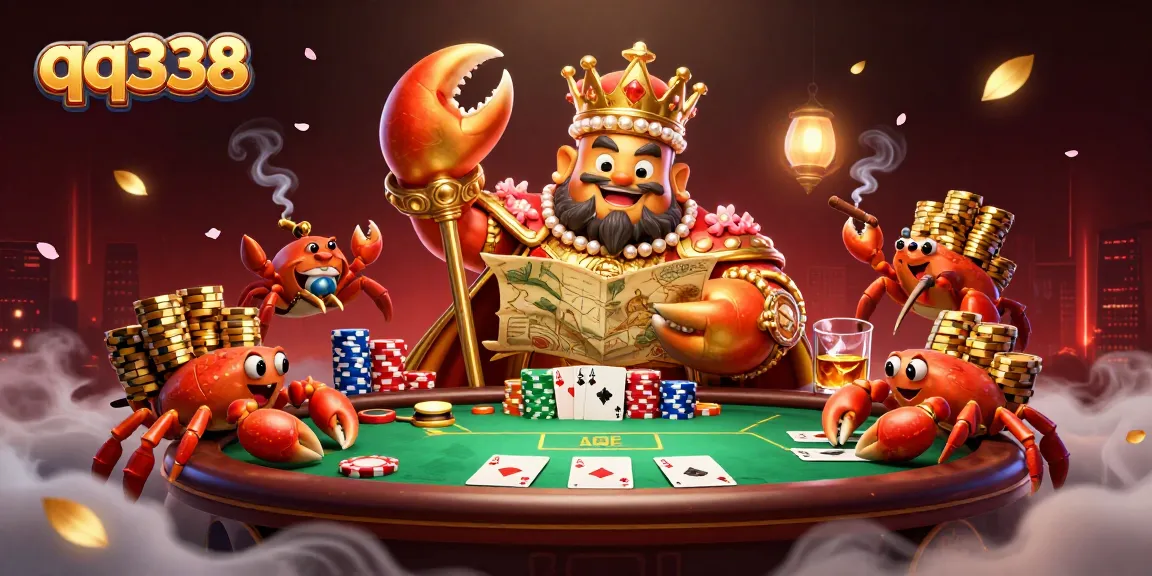 qq338 engages players with a vibrant poker scene featuring a golden crab emperor and colorful poker chips.