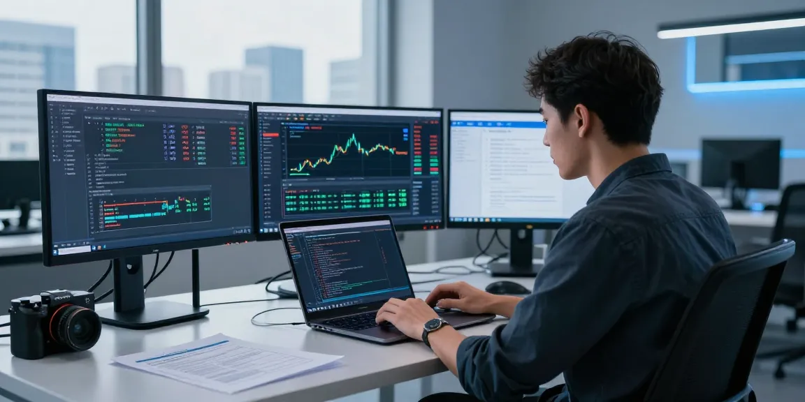 Focused developer utilizing the forex intraday data API on multiple screens, showcasing real-time exchange rates and analytical tools in a modern workspace.