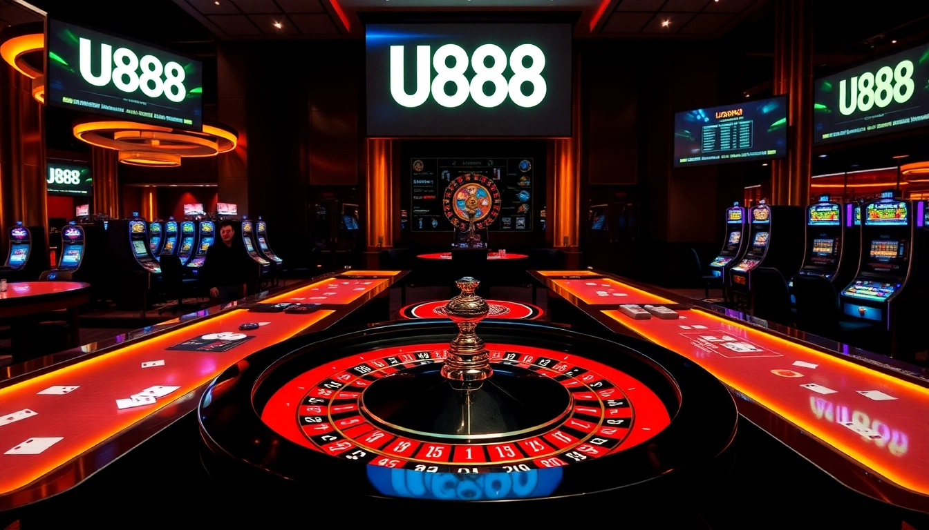 Experience the thrill of U888 with vibrant casino visuals showcasing roulette, betting chips, and lively players.
