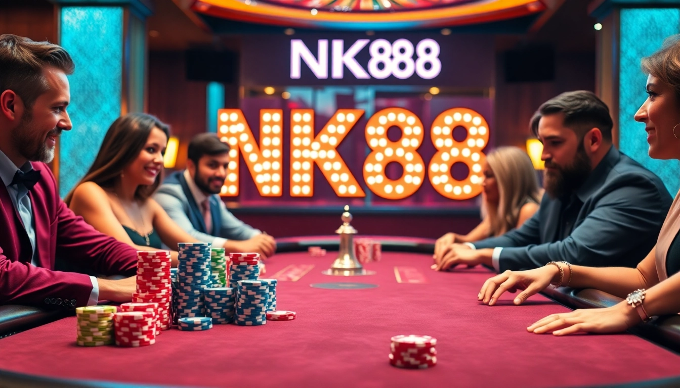 Players strategizing at a casino table with NK88-themed poker chips, enhancing the excitement of gaming.