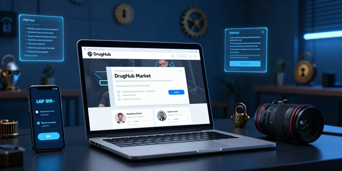 Engaged user navigating the DrugHub Market Link, XMR-only darknet marketplace, showcasing security-focused design and Monero transactions.