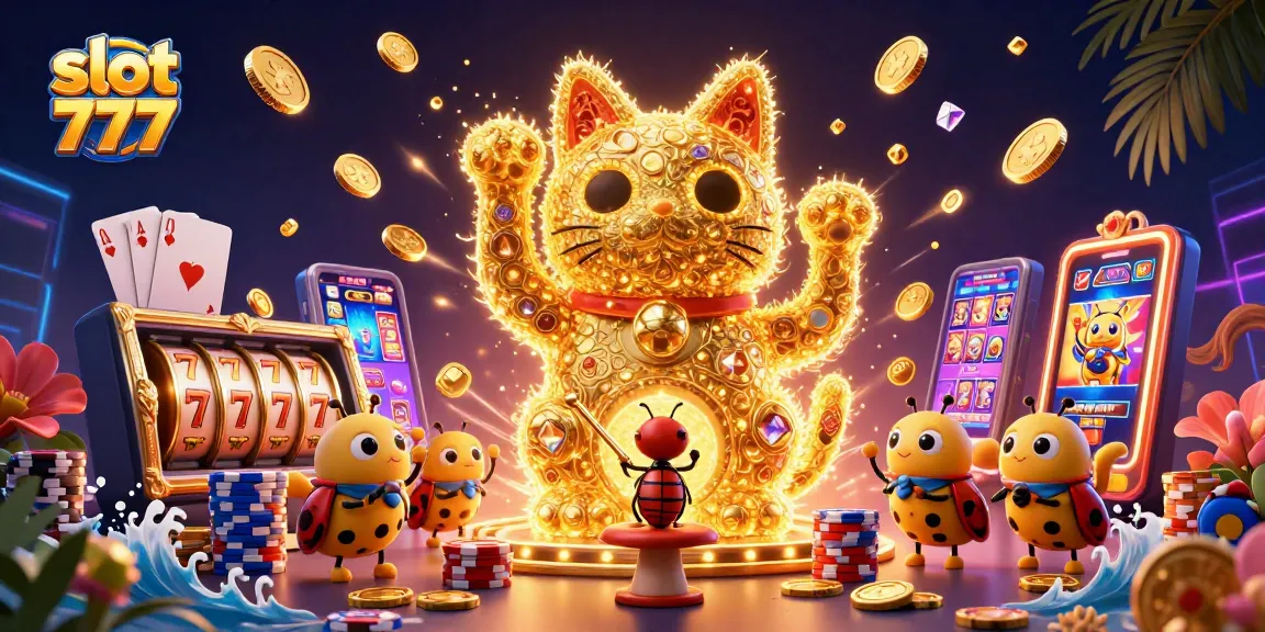 Experience thrill with slot 777 as a lucky cat formed by fireflies and casino symbols dazzles.