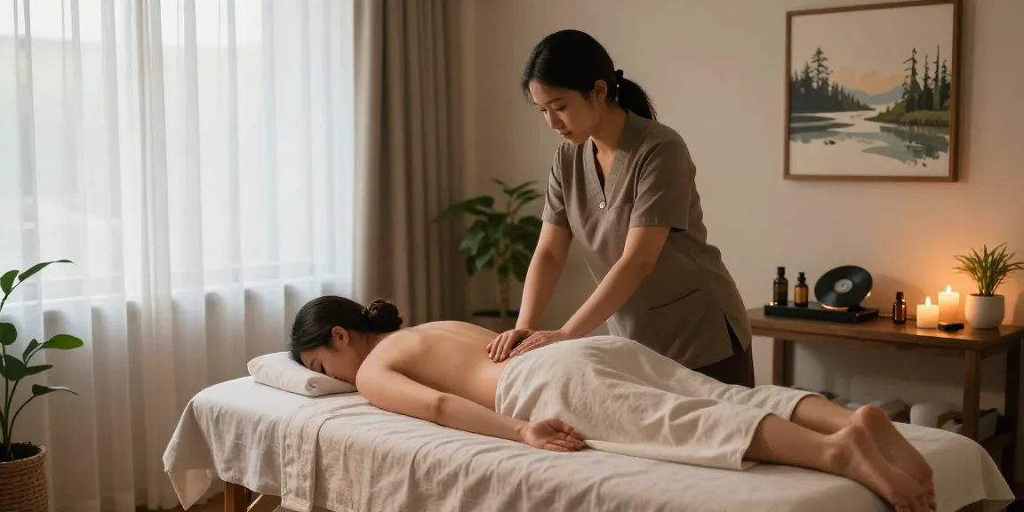 마사지와 아로마 테라피를 받는 고객과 치료사, 평화로운 스파 분위기.