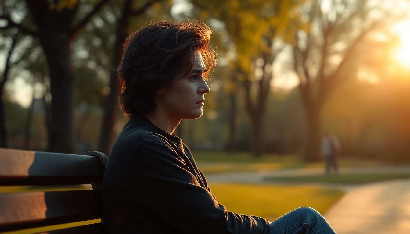 A person reflecting on depression symptoms while seated alone in a serene park setting.