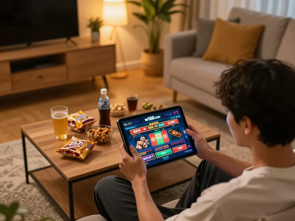 Engaging scene featuring player enjoying w188 com casino on a tablet at home, showcasing vibrant game interface and cozy decor.