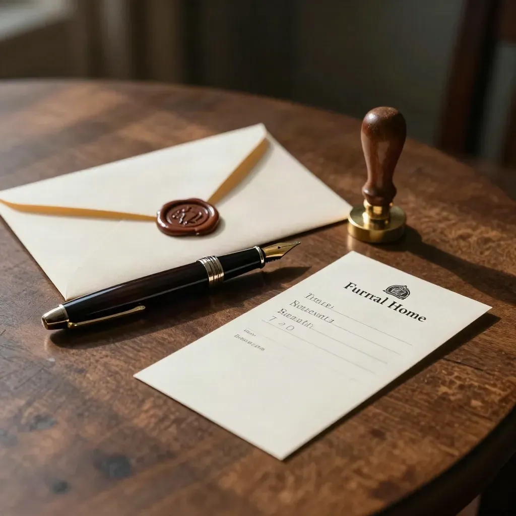 Sealed obituary envelope, wax stamp and fountain pen beside a face-down funeral card on walnut.