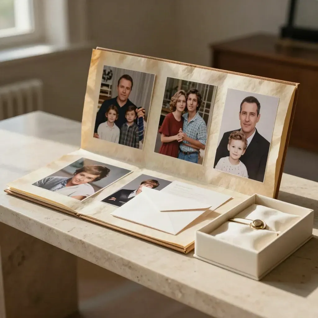 Tribute folio, photo bundle, face-down guest cards, and keepsake box on a limestone console.