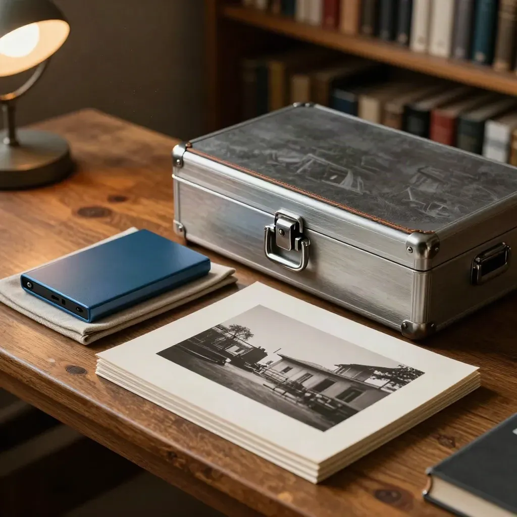 Keptake film package with archive drive, printed still frames, and closed case on a warm oak shelf.