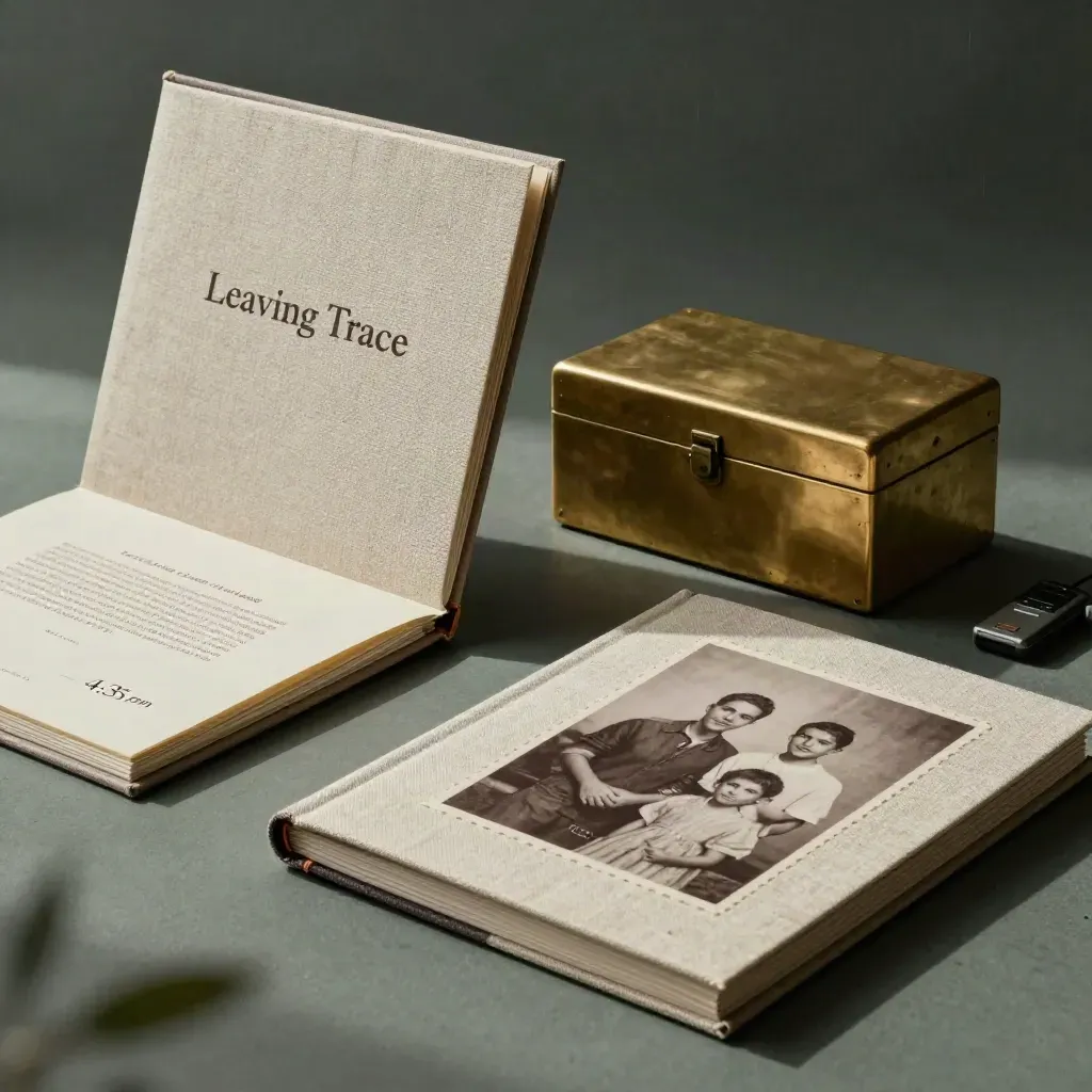 Tribute albums, sepia prints and a brass keepsake box lit by a diagonal beam in a hazy archive.