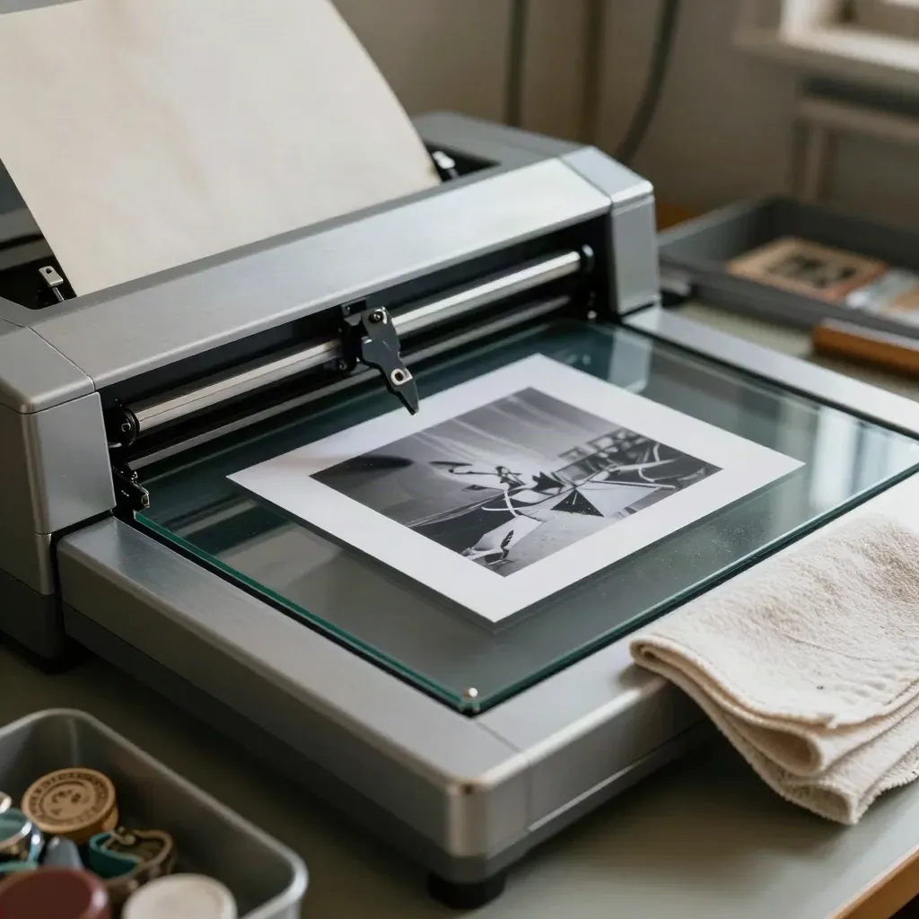 Flatbed scanner with a print half on the glass, archival sleeve, cloth, and tray in dim archive light