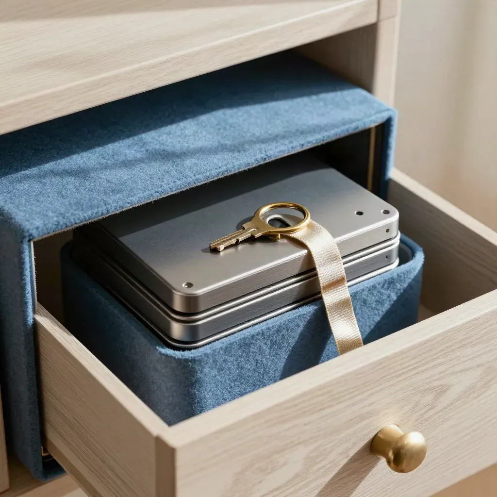 Backup drives in archive case with brass key ring on a sunlit oak shelf.