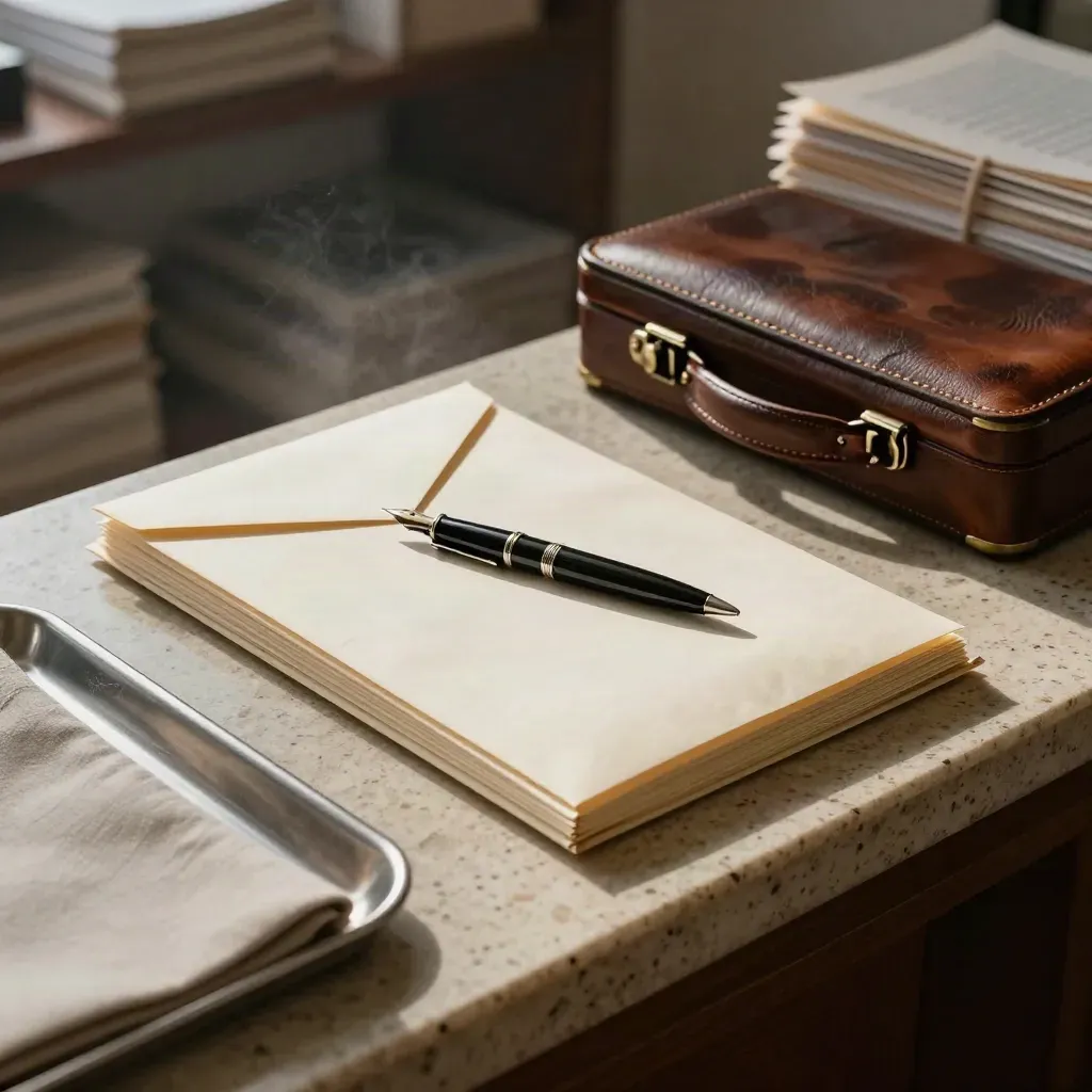 Obituary packet, fountain pen, folded envelope, and leather case on a travertine ledge