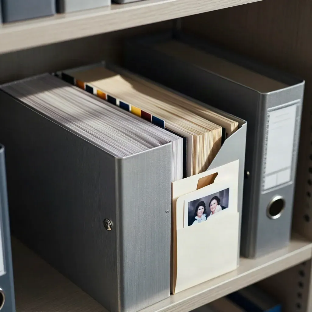Archive boxes, acid-free sleeves, and index rings sorted on a steel shelf in soft daylight.